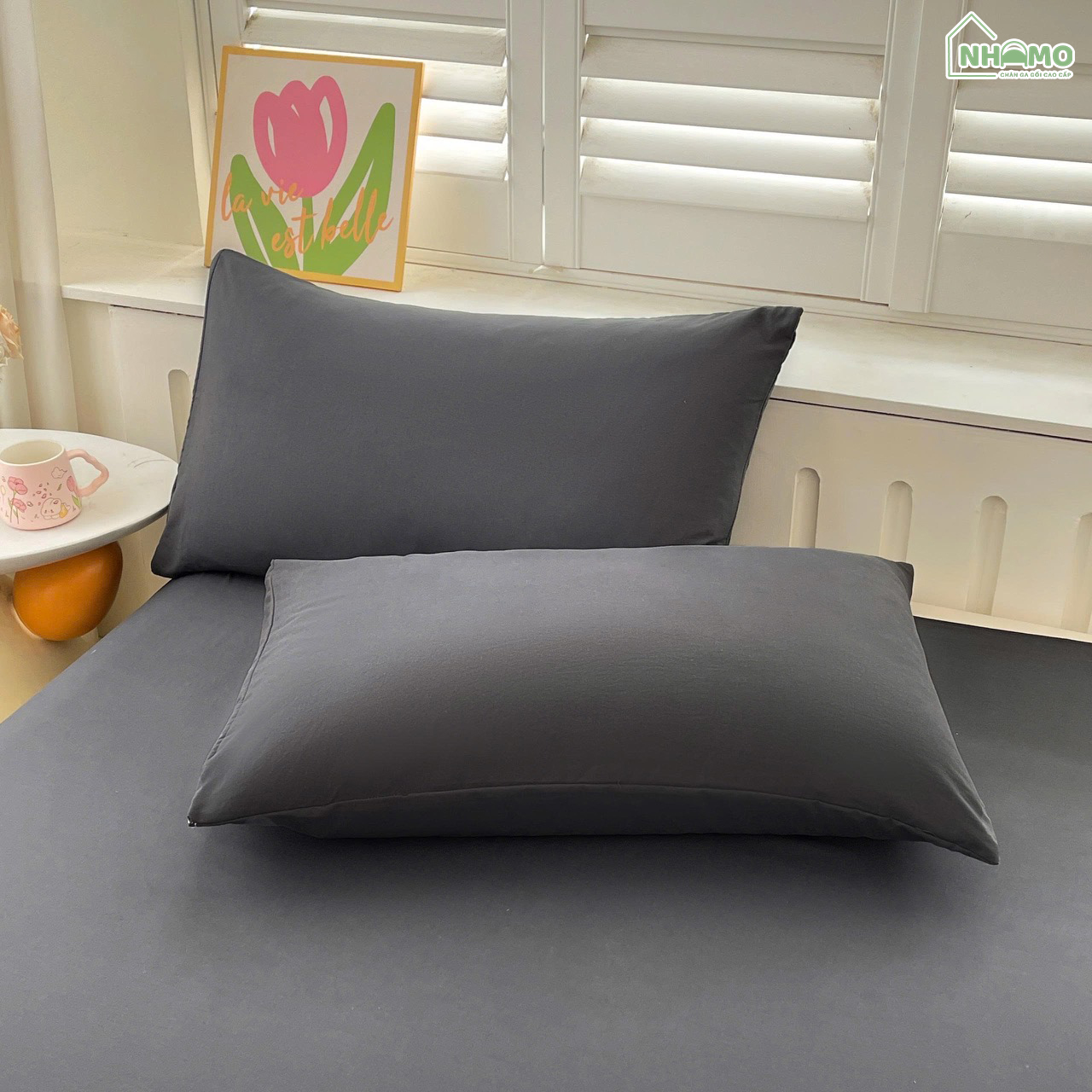 Bộ Ga Gối Đũi Sợi Tre Pastel Màu Đen - Ảnh 4