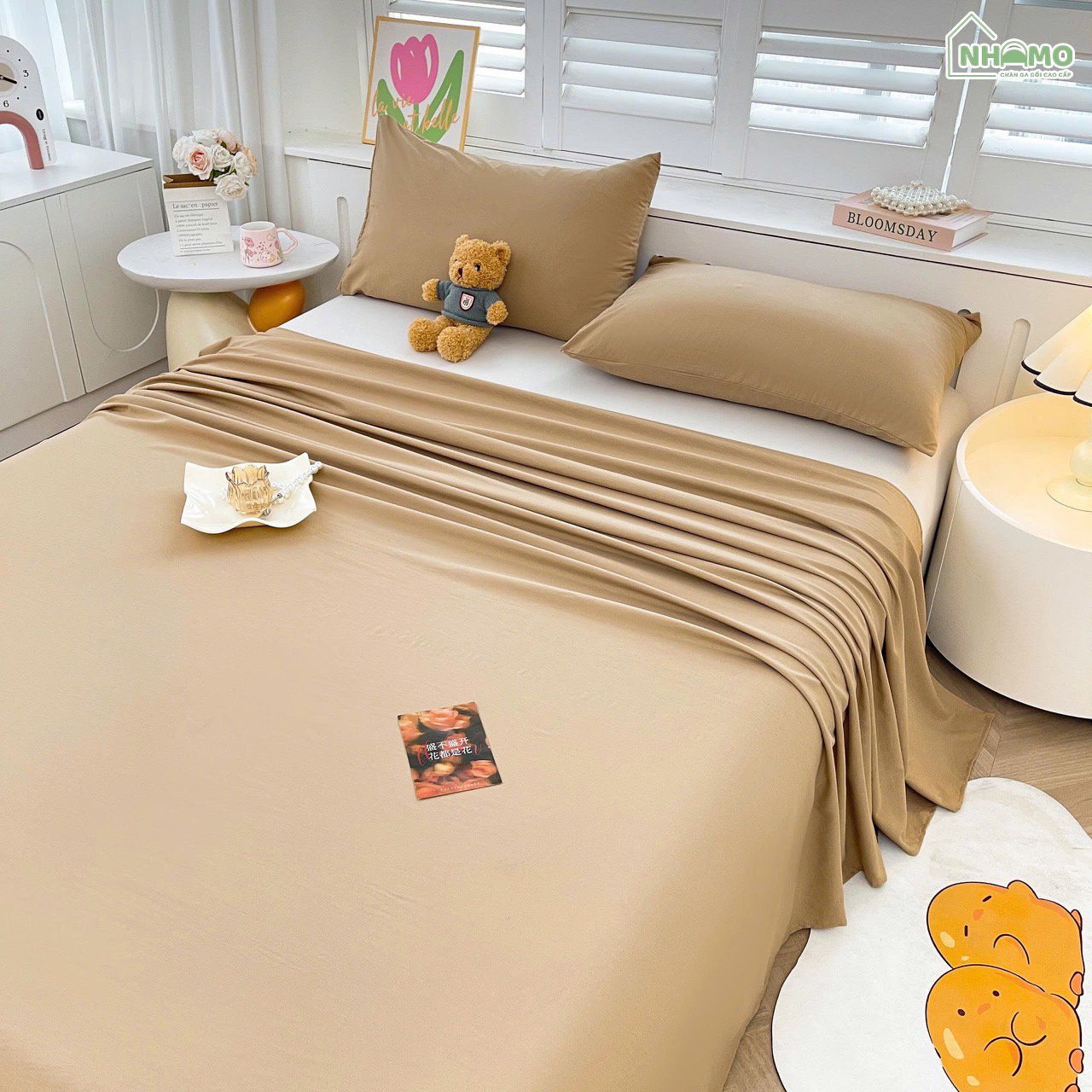 Bộ Ga Gối Đũi Sợi Tre Pastel Màu Nâu